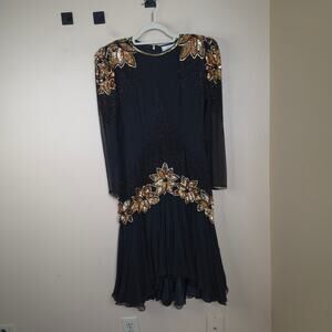 Vintage Destinee Long Sleeve Full Sequin Drop Waist Cocktail Dress in Black 10